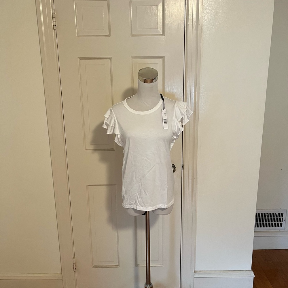 NWT Elie Tahari Ruffle Short Sleeve Crew Neck White T Shirt Small